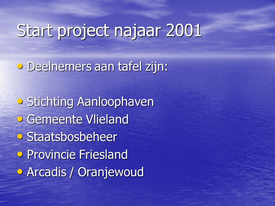 Start project najaar 2001 Deelnemers aan tafel zijn: