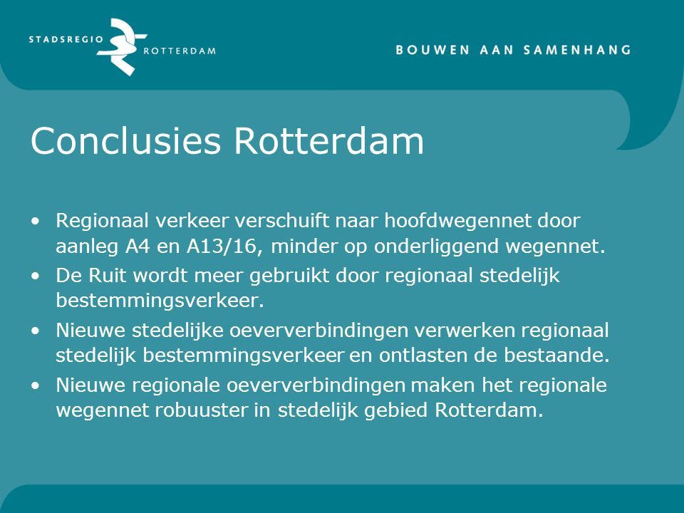Conclusies Rotterdam Regionaal verkeer verschuift naar hoofdwegennet door aanleg A4 en A13/16, minder op onderliggend wegennet.