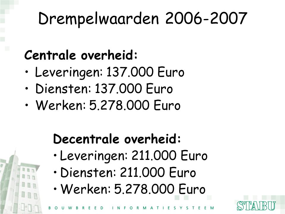 Drempelwaarden Centrale overheid: Leveringen: Euro