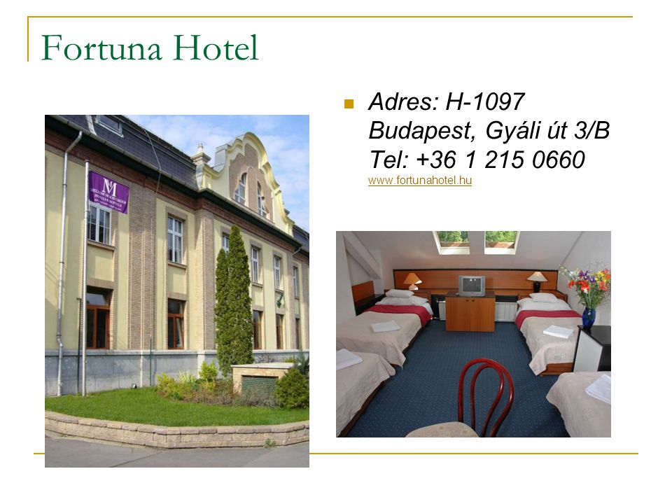 Fortuna Hotel Adres: H-1097 Budapest, Gyáli út 3/B Tel: