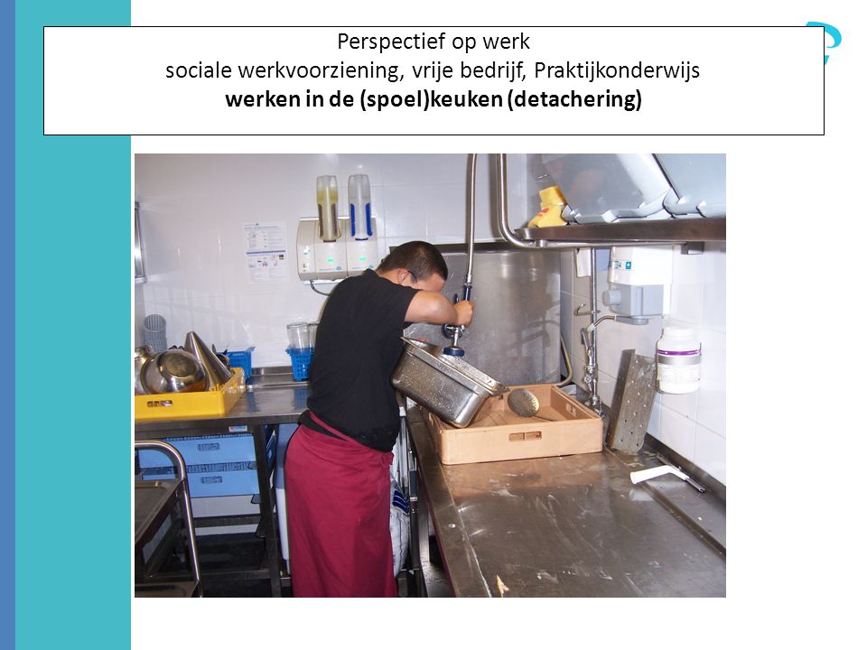 Perspectief op werk sociale werkvoorziening, vrije bedrijf, Praktijkonderwijs werken in de (spoel)keuken (detachering)