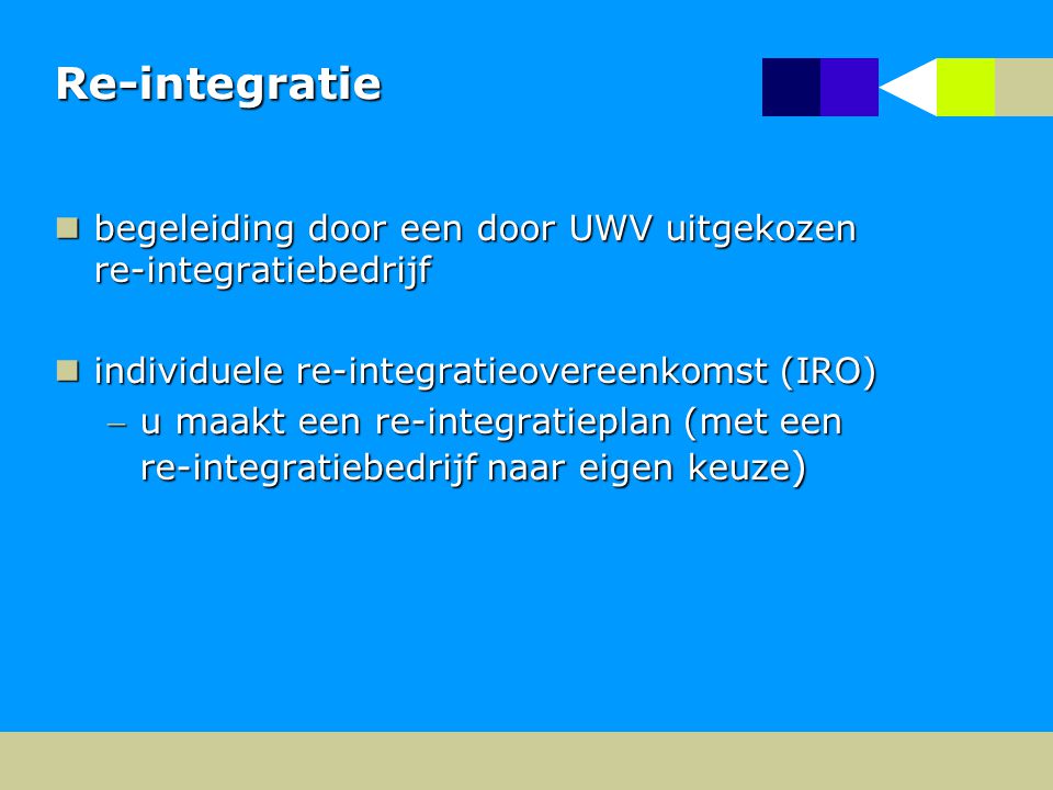 Re-integratie begeleiding door een door UWV uitgekozen re-integratiebedrijf. individuele re-integratieovereenkomst (IRO)