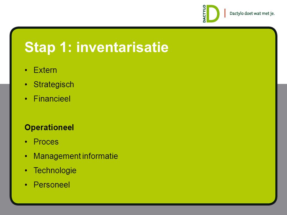 Stap 1: inventarisatie Extern Strategisch Financieel Operationeel