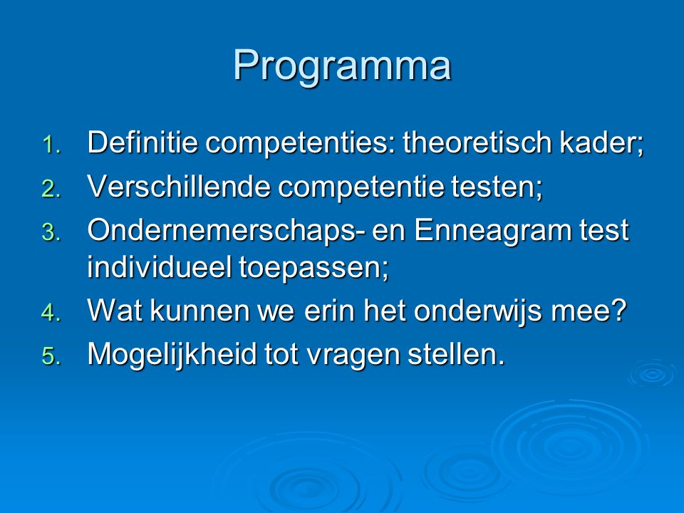 Programma Definitie competenties: theoretisch kader;