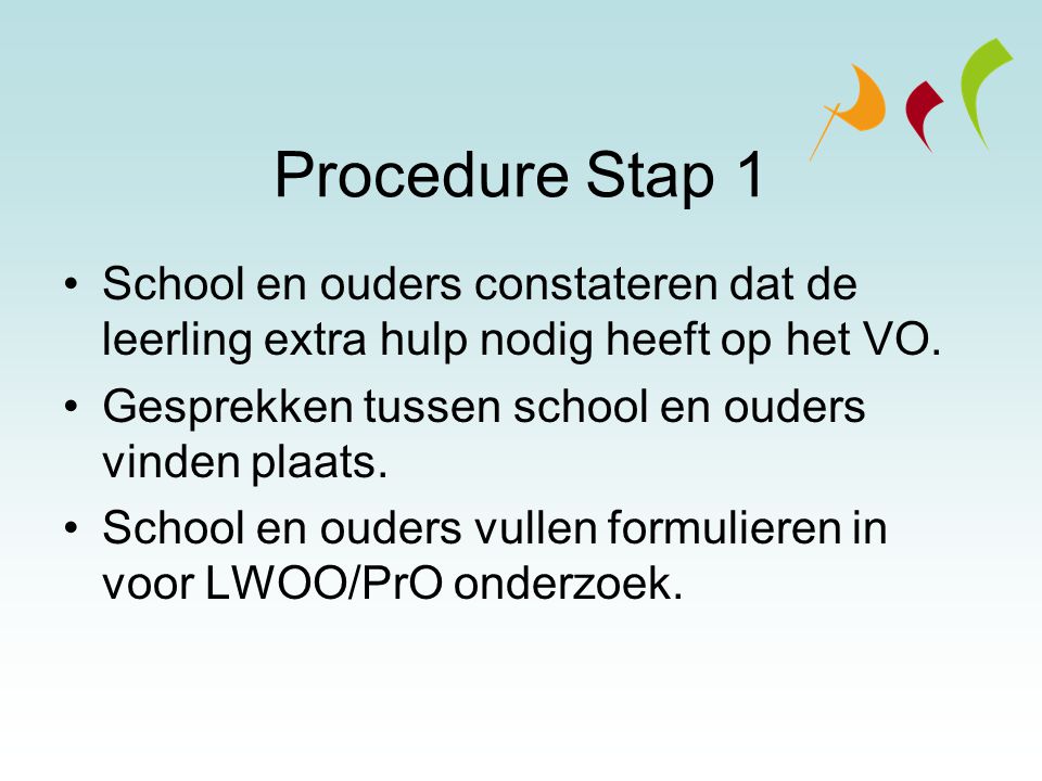 Procedure Stap 1 School en ouders constateren dat de leerling extra hulp nodig heeft op het VO. Gesprekken tussen school en ouders vinden plaats.