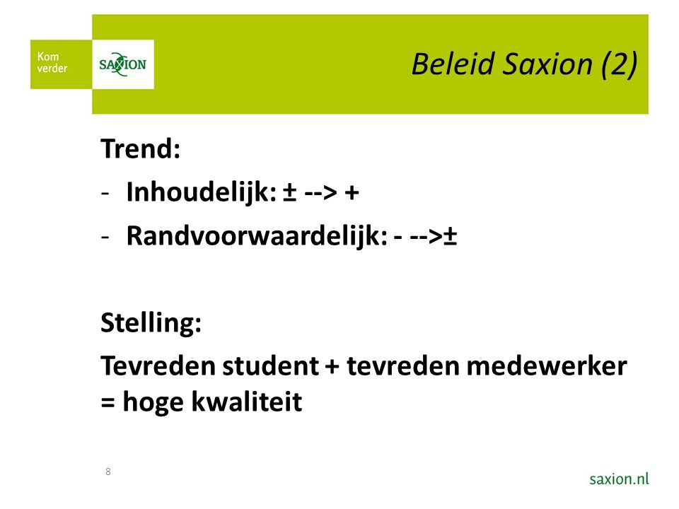 Beleid Saxion (2) Trend: Inhoudelijk: ± --> +