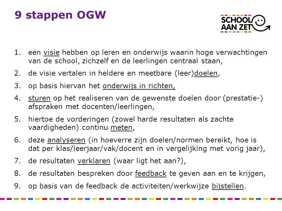 9 stappen OGW een visie hebben op leren en onderwijs waarin hoge verwachtingen van de school, zichzelf en de leerlingen centraal staan,