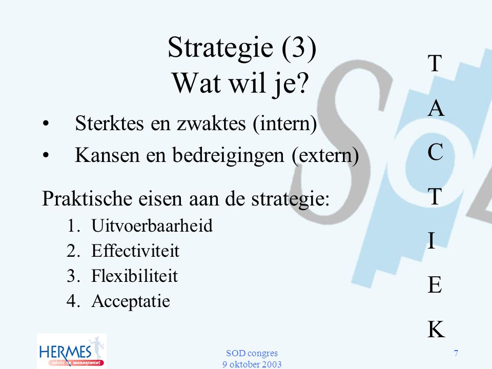 Strategie (3) Wat wil je T A C I E K Sterktes en zwaktes (intern)