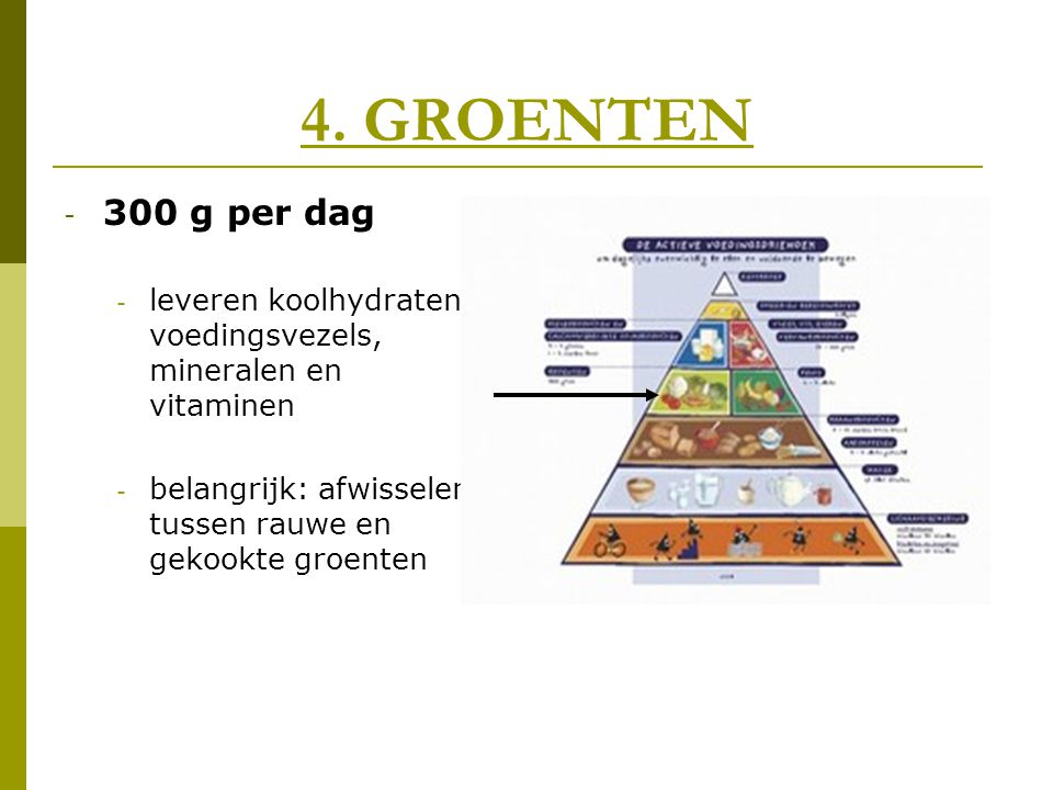 4. GROENTEN 300 g per dag. leveren koolhydraten, voedingsvezels, mineralen en vitaminen.