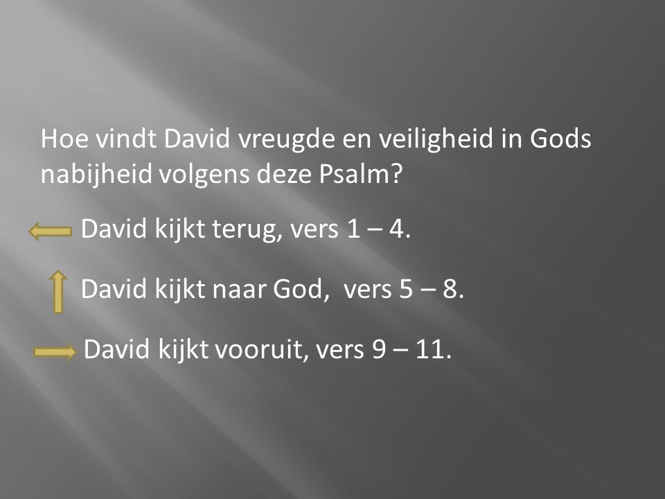 Hoe vindt David vreugde en veiligheid in Gods nabijheid volgens deze Psalm David kijkt terug, vers 1 – 4. David kijkt naar God, vers 5 – 8. David kijkt vooruit, vers 9 – 11.