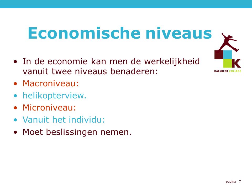 Economische niveaus In de economie kan men de werkelijkheid vanuit twee niveaus benaderen: Macroniveau: