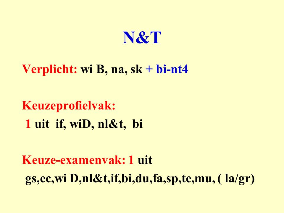 N&T Verplicht: wi B, na, sk + bi-nt4 Keuzeprofielvak:
