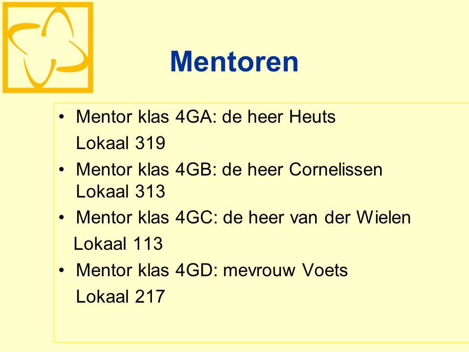 Mentoren Mentor klas 4GA: de heer Heuts Lokaal 319