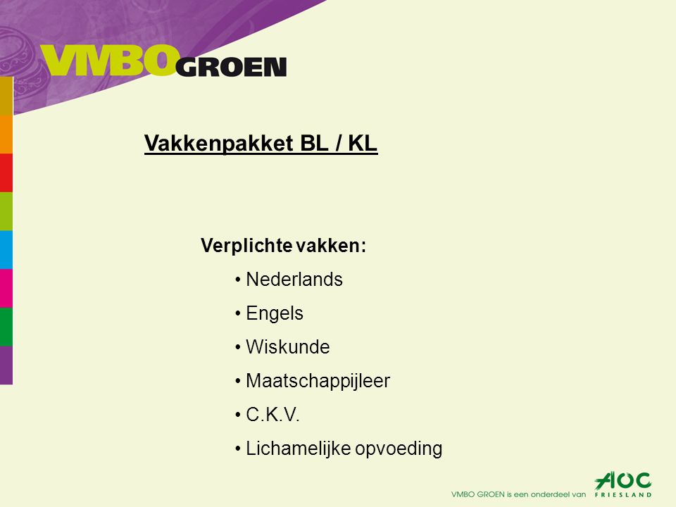 Vakkenpakket BL / KL Verplichte vakken: Nederlands Engels Wiskunde