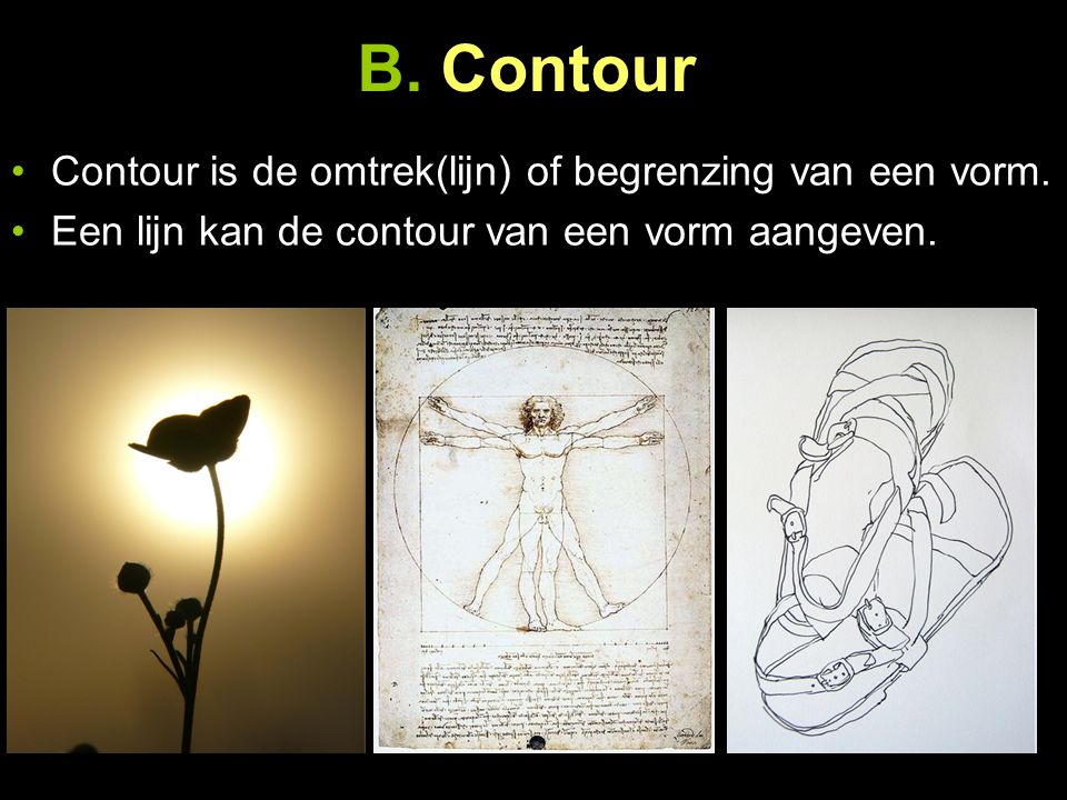 B. Contour Contour is de omtrek(lijn) of begrenzing van een vorm.