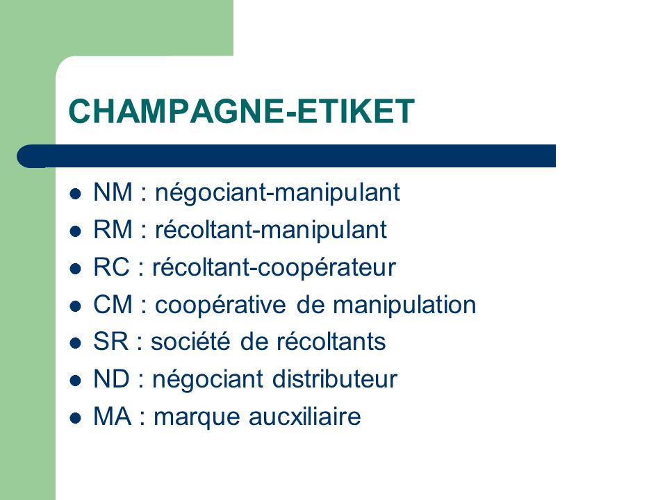 CHAMPAGNE-ETIKET NM : négociant-manipulant RM : récoltant-manipulant