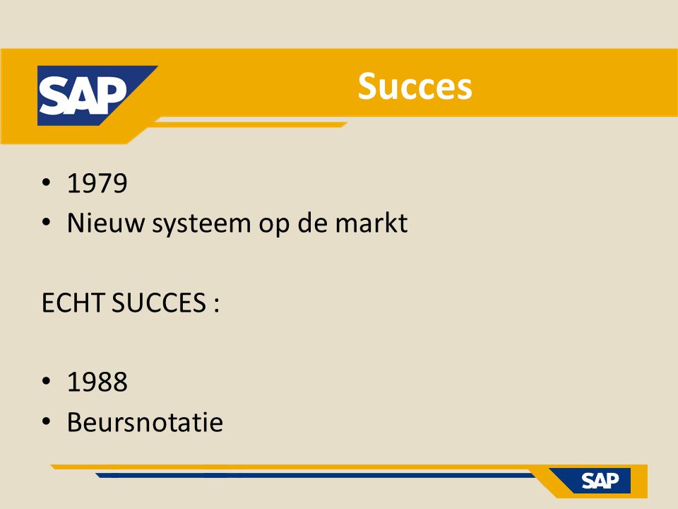 Succes 1979 Nieuw systeem op de markt ECHT SUCCES : 1988 Beursnotatie