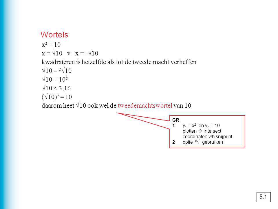 Wortels x² = 10. x = √10 v x = -√10. kwadrateren is hetzelfde als tot de tweede macht verheffen.
