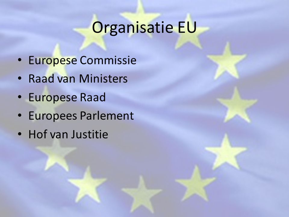 Organisatie EU Europese Commissie Raad van Ministers Europese Raad