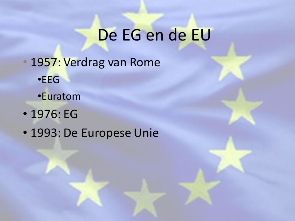 1957: Verdrag van Rome EEG Euratom 1976: EG 1993: De Europese Unie