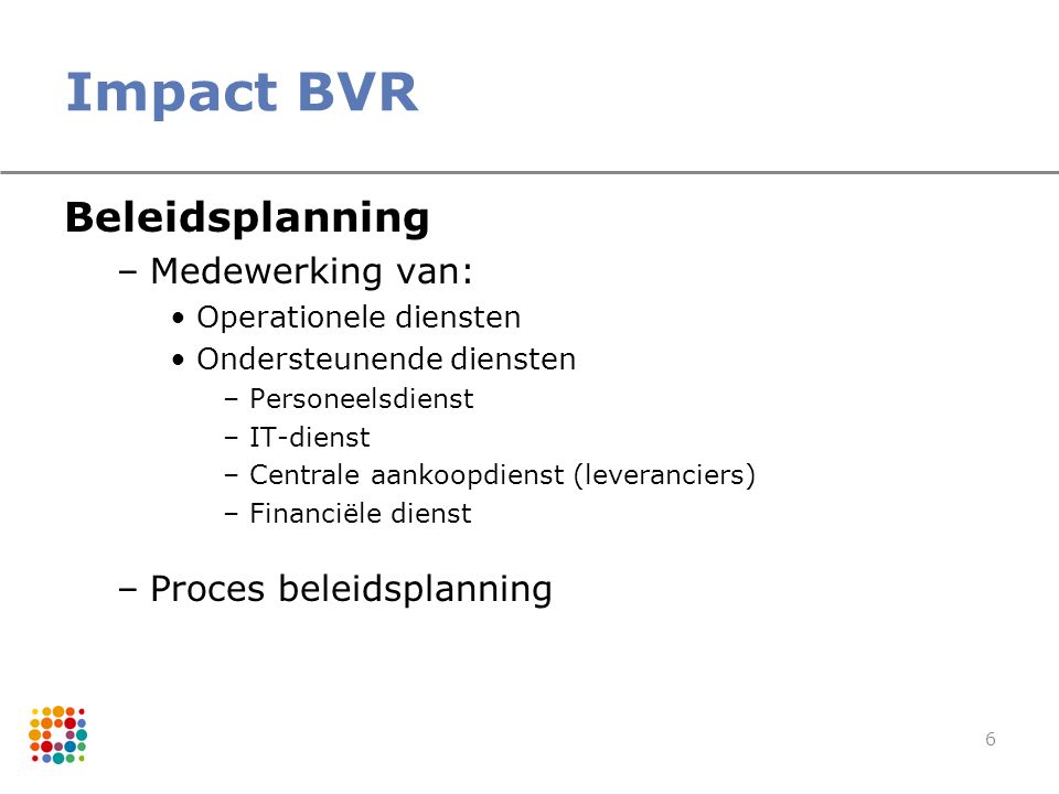 Impact BVR Beleidsplanning Medewerking van: Proces beleidsplanning