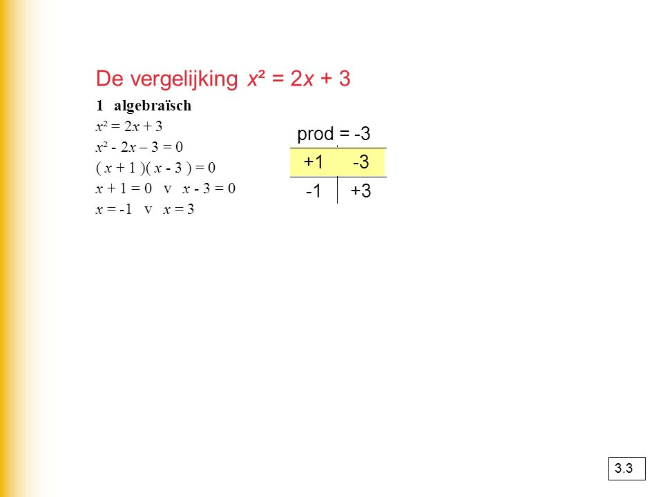 De vergelijking x² = 2x + 3 prod = algebraïsch