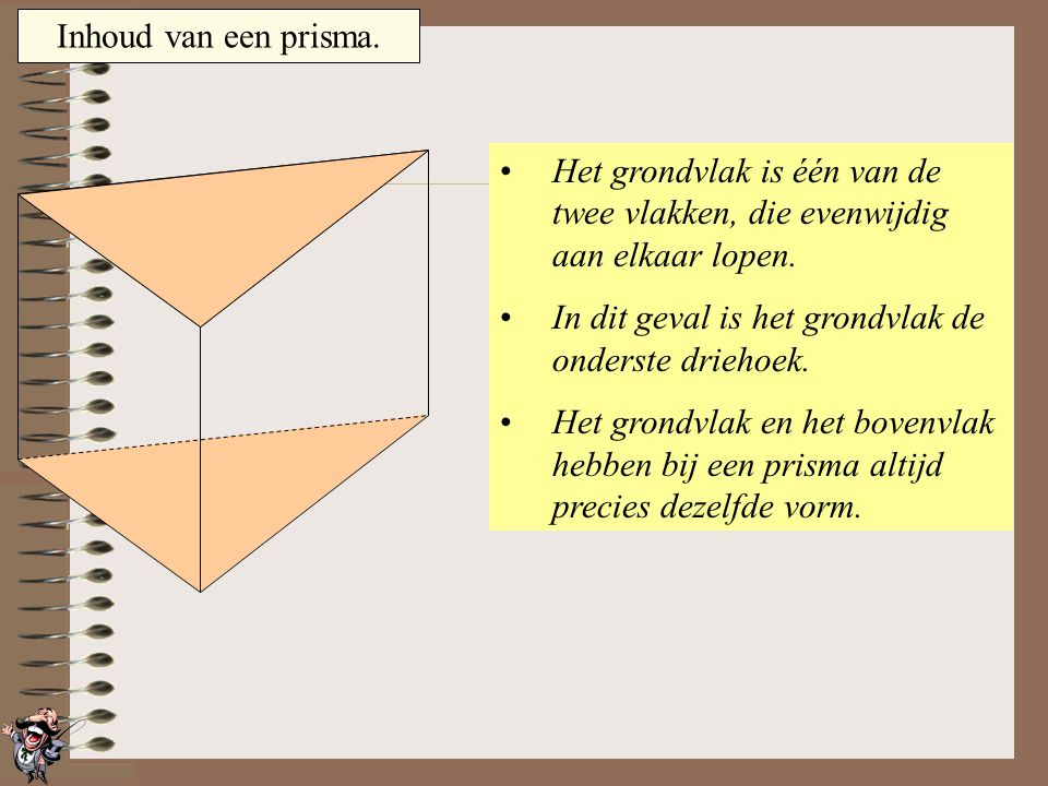 Inhoud van een prisma. Het grondvlak is één van de twee vlakken, die evenwijdig aan elkaar lopen.