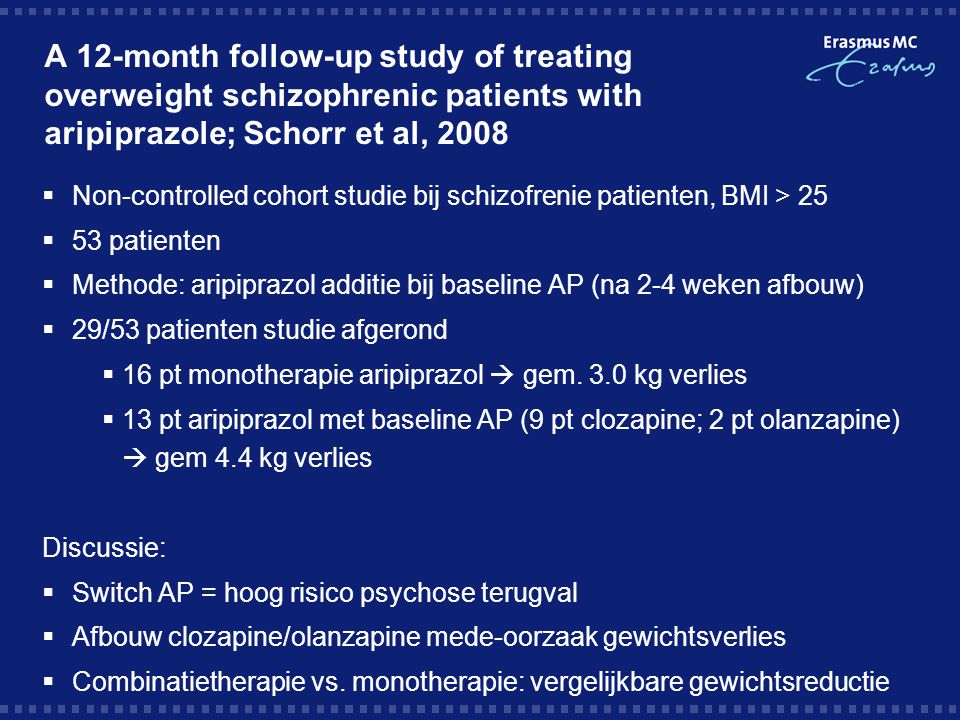 A 12-month follow-up study of treating overweight schizophrenic patients with aripiprazole; Schorr et al, 2008