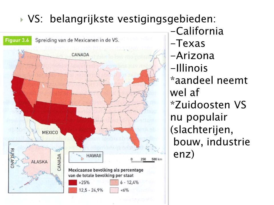 VS: belangrijkste vestigingsgebieden: -California -Texas -Arizona -Illinois *aandeel neemt wel af *Zuidoosten VS nu populair (slachterijen, bouw, industrie enz)