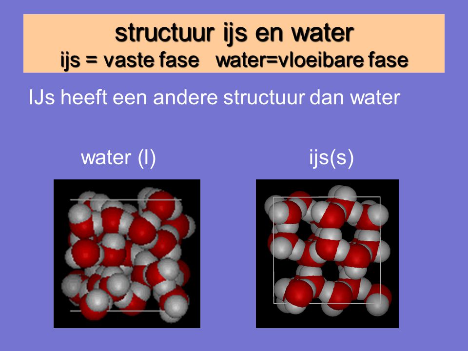 structuur ijs en water ijs = vaste fase water=vloeibare fase