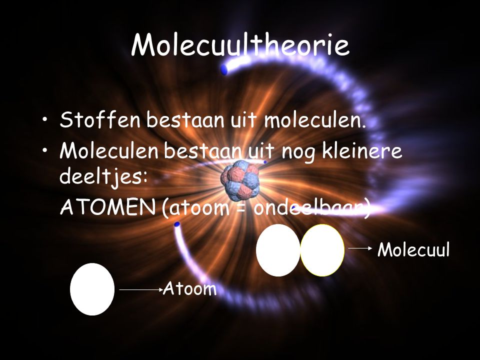 Molecuultheorie Stoffen bestaan uit moleculen.