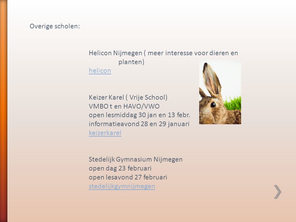 Overige scholen: Helicon Nijmegen ( meer interesse voor dieren en planten) helicon. Keizer Karel ( Vrije School)