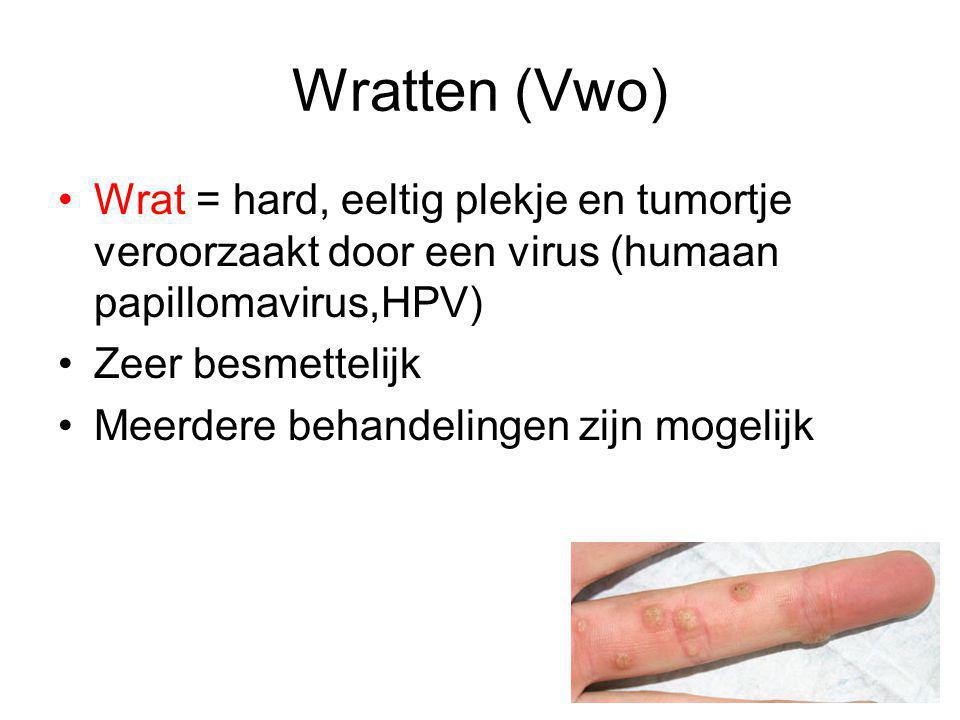 Wratten (Vwo) Wrat = hard, eeltig plekje en tumortje veroorzaakt door een virus (humaan papillomavirus,HPV)