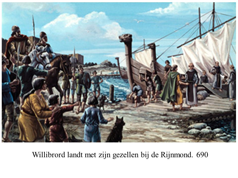 Willibrord landt met zijn gezellen bij de Rijnmond. 690