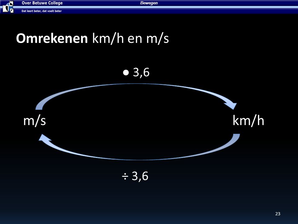 Bewegen Omrekenen km/h en m/s ● 3,6 m/s km/h ÷ 3,6