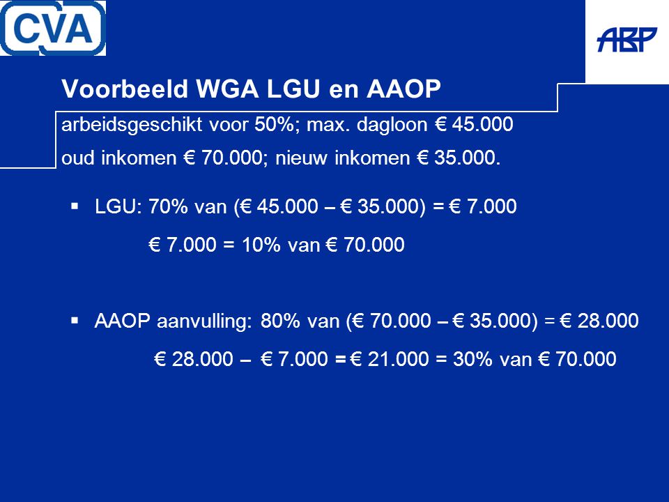 Voorbeeld WGA LGU en AAOP arbeidsgeschikt voor 50%; max. dagloon € 45