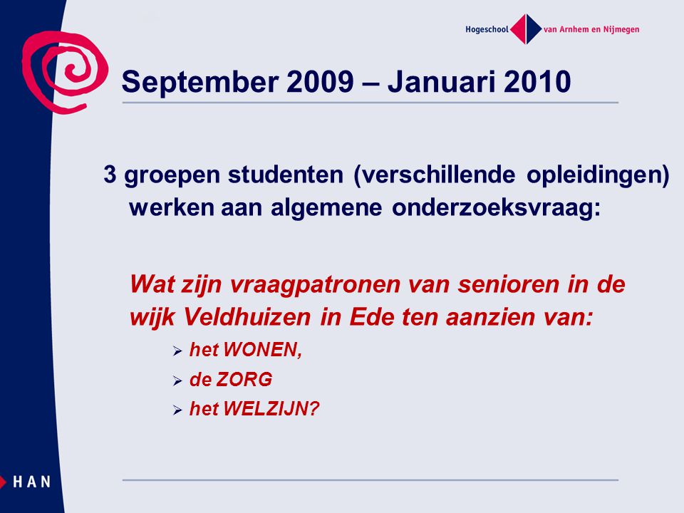 September 2009 – Januari groepen studenten (verschillende opleidingen) werken aan algemene onderzoeksvraag: