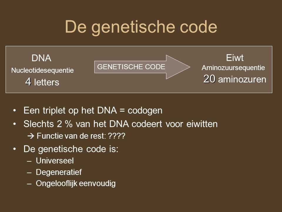 De genetische code 20 aminozuren 4 letters DNA Eiwt