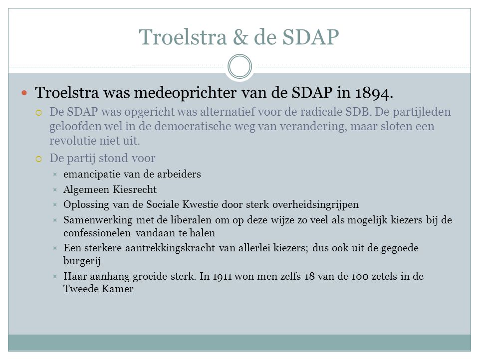Troelstra & de SDAP Troelstra was medeoprichter van de SDAP in 1894.