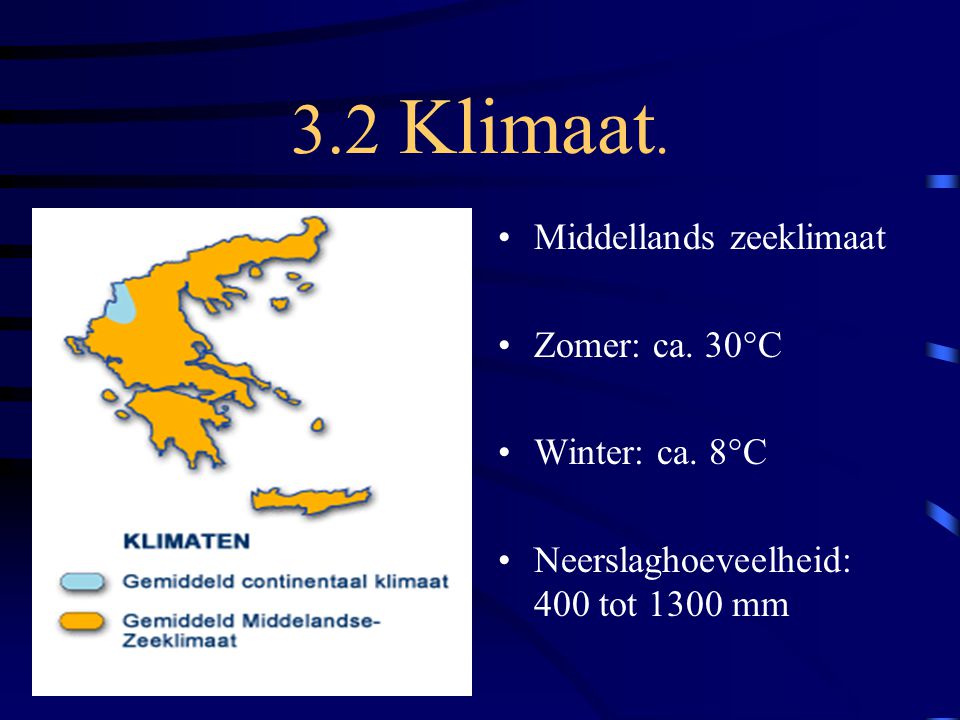 3.2 Klimaat. Middellands zeeklimaat Zomer: ca. 30°C Winter: ca. 8°C