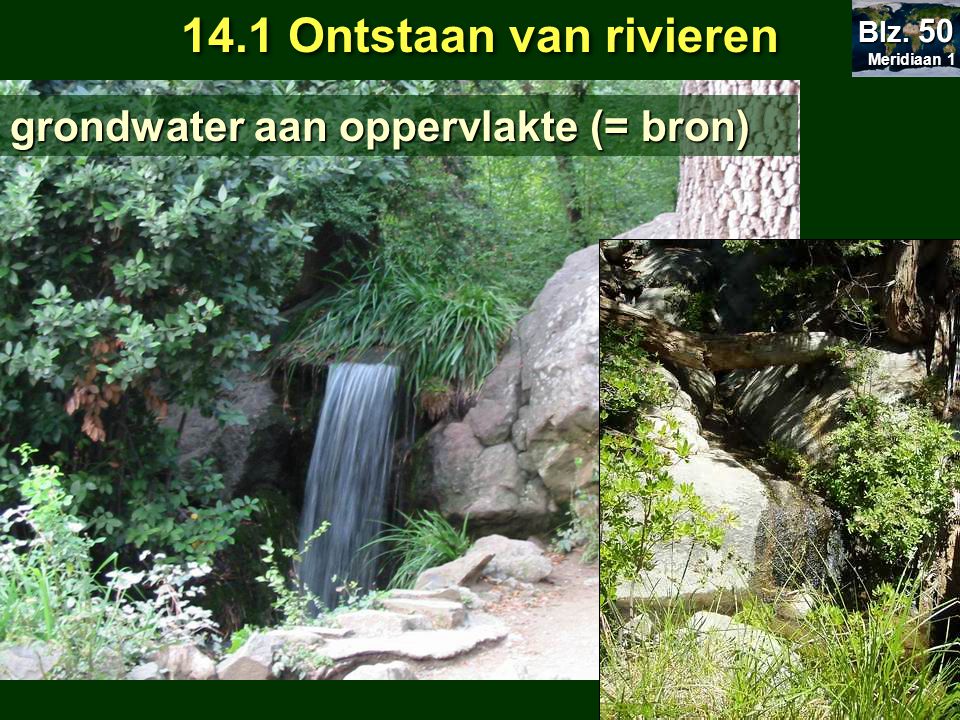 14.1 Ontstaan van rivieren grondwater aan oppervlakte (= bron) Blz. 50