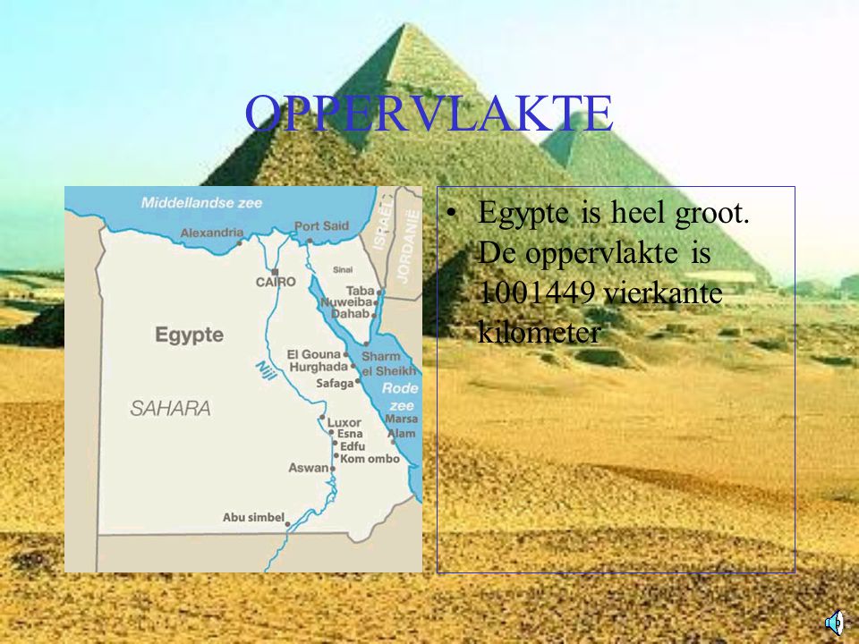 OPPERVLAKTE Egypte is heel groot. De oppervlakte is vierkante kilometer