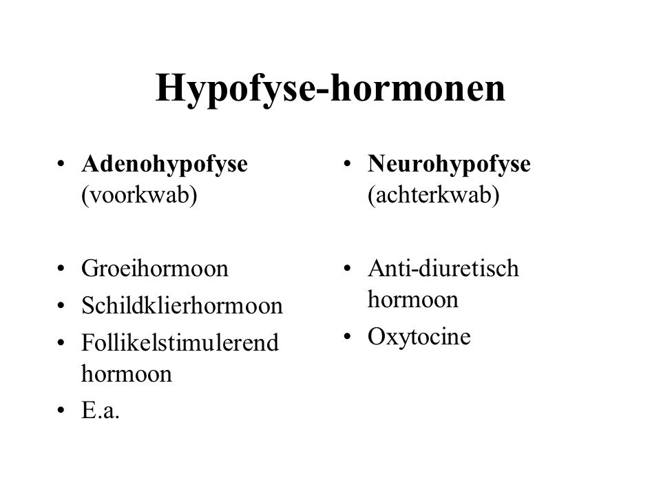 Hypofyse-hormonen Adenohypofyse (voorkwab) Groeihormoon