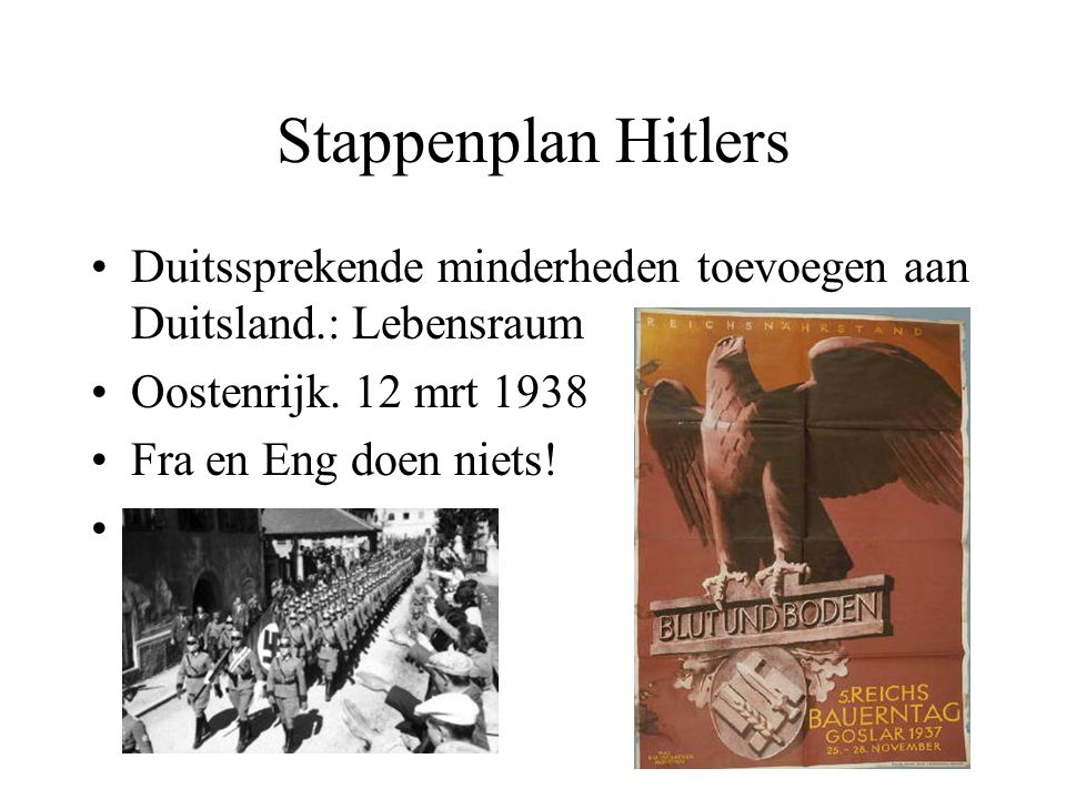 Stappenplan Hitlers Duitssprekende minderheden toevoegen aan Duitsland.: Lebensraum. Oostenrijk. 12 mrt