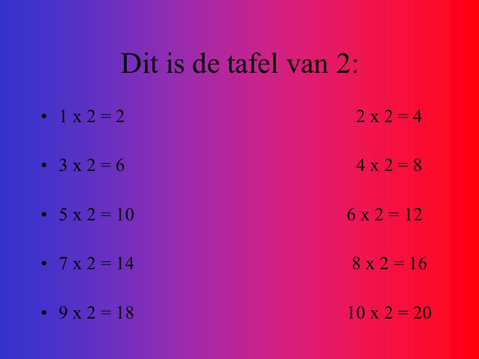 Dit is de tafel van 2: 1 x 2 = 2 2 x 2 = 4 3 x 2 = 6 4 x 2 = 8