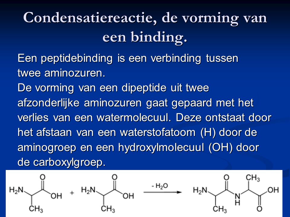 Condensatiereactie, de vorming van een binding.