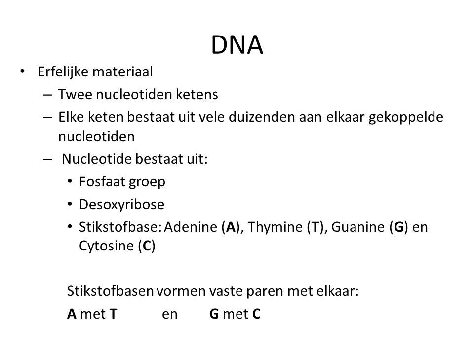 DNA Erfelijke materiaal Twee nucleotiden ketens