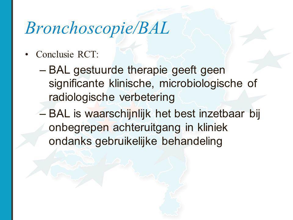 Bronchoscopie/BAL Conclusie RCT: BAL gestuurde therapie geeft geen significante klinische, microbiologische of radiologische verbetering.