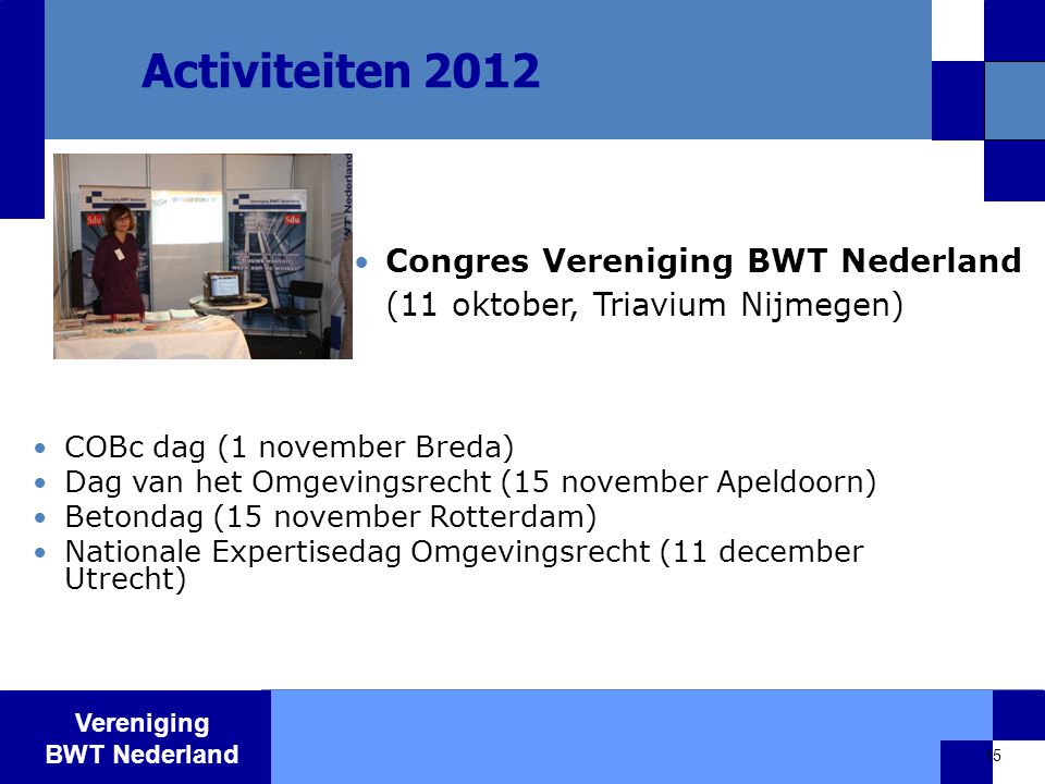 Activiteiten 2012 Congres Vereniging BWT Nederland (11 oktober, Triavium Nijmegen) COBc dag (1 november Breda)