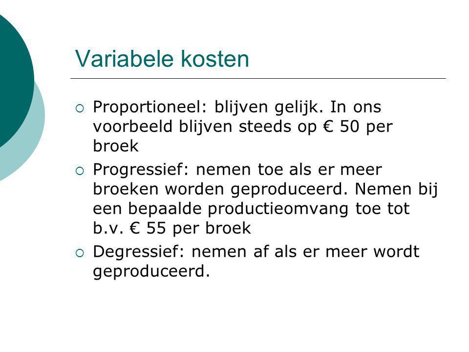 Variabele kosten Proportioneel: blijven gelijk. In ons voorbeeld blijven steeds op € 50 per broek.